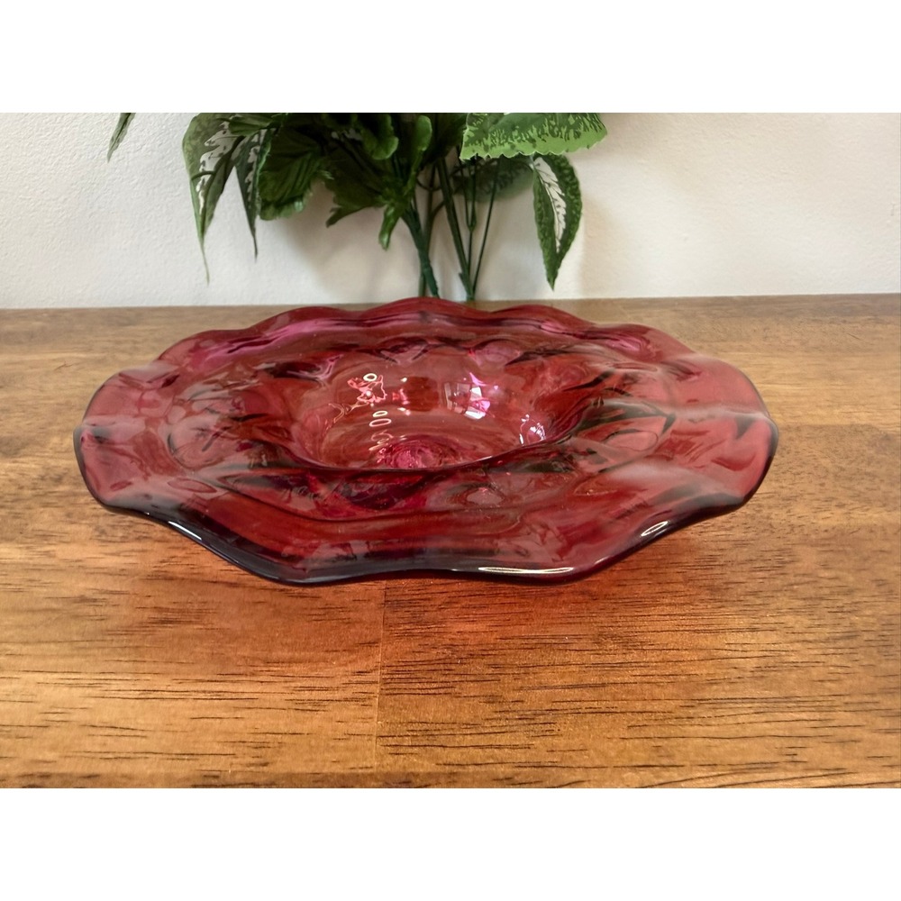 Vintage Cranberry Art Glass‎ Ruffled Bowl Hand Blown Swirl Dish Decor Retro Jug